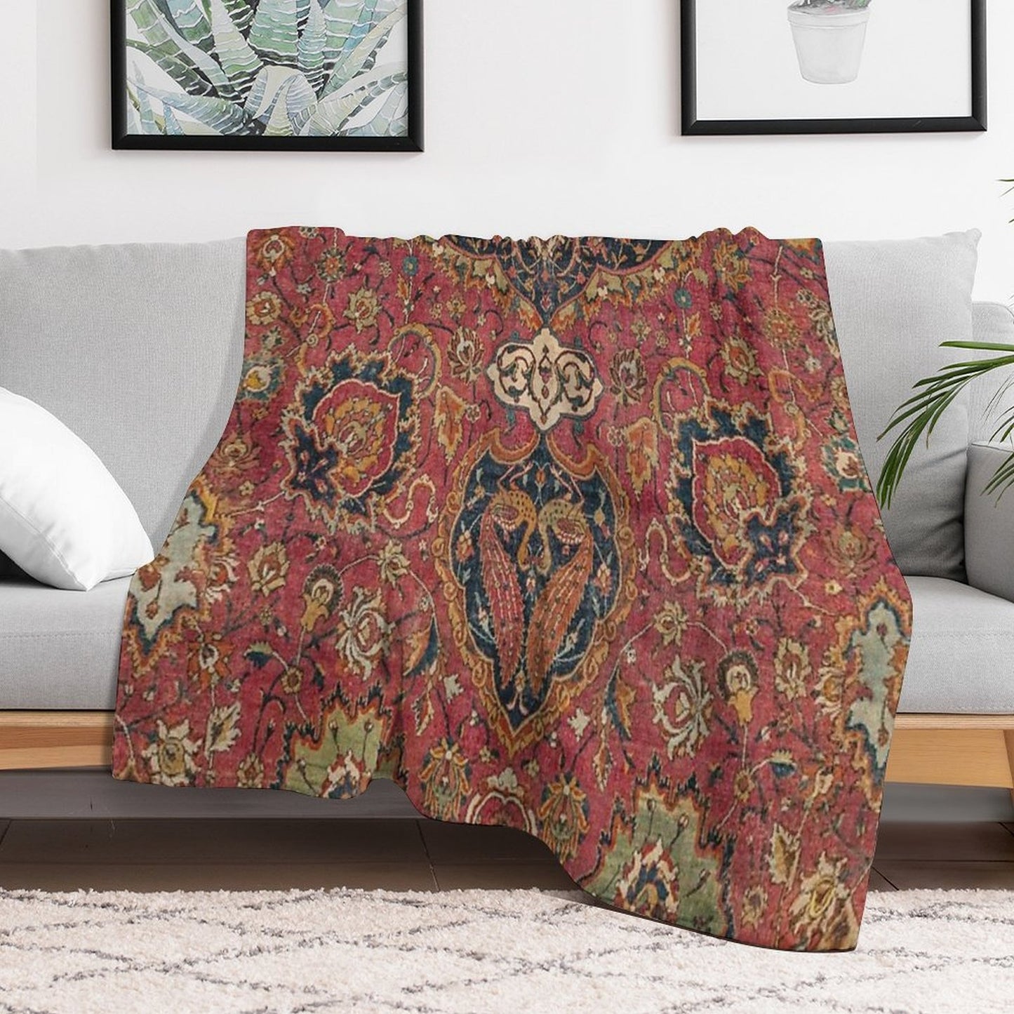 Persian Medallion Rug VIII 16th Century Distressed Red Green Blue Flowery Colorful Ornate Pattern Throw Blanket