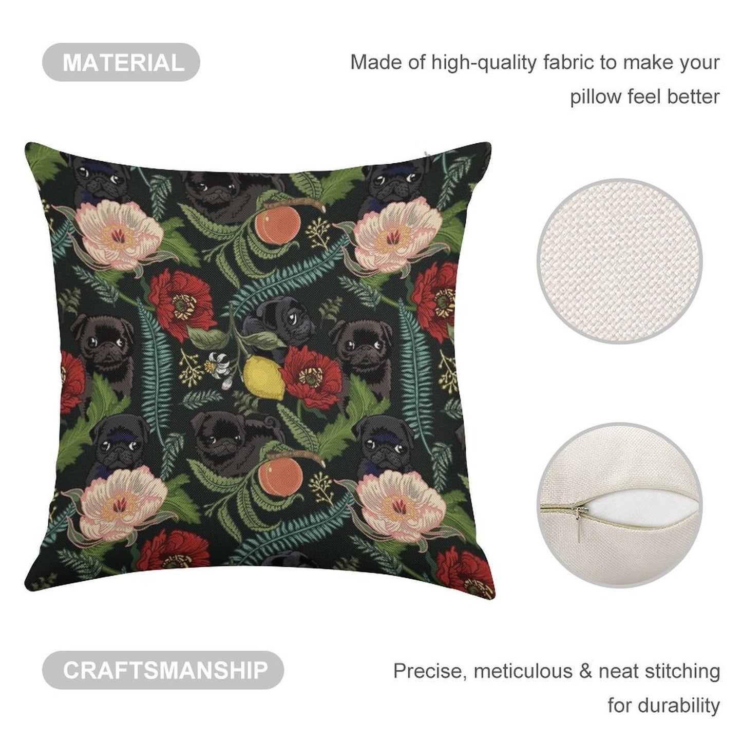 Botanical And Black Pugs Linen Throw Pillow Cover