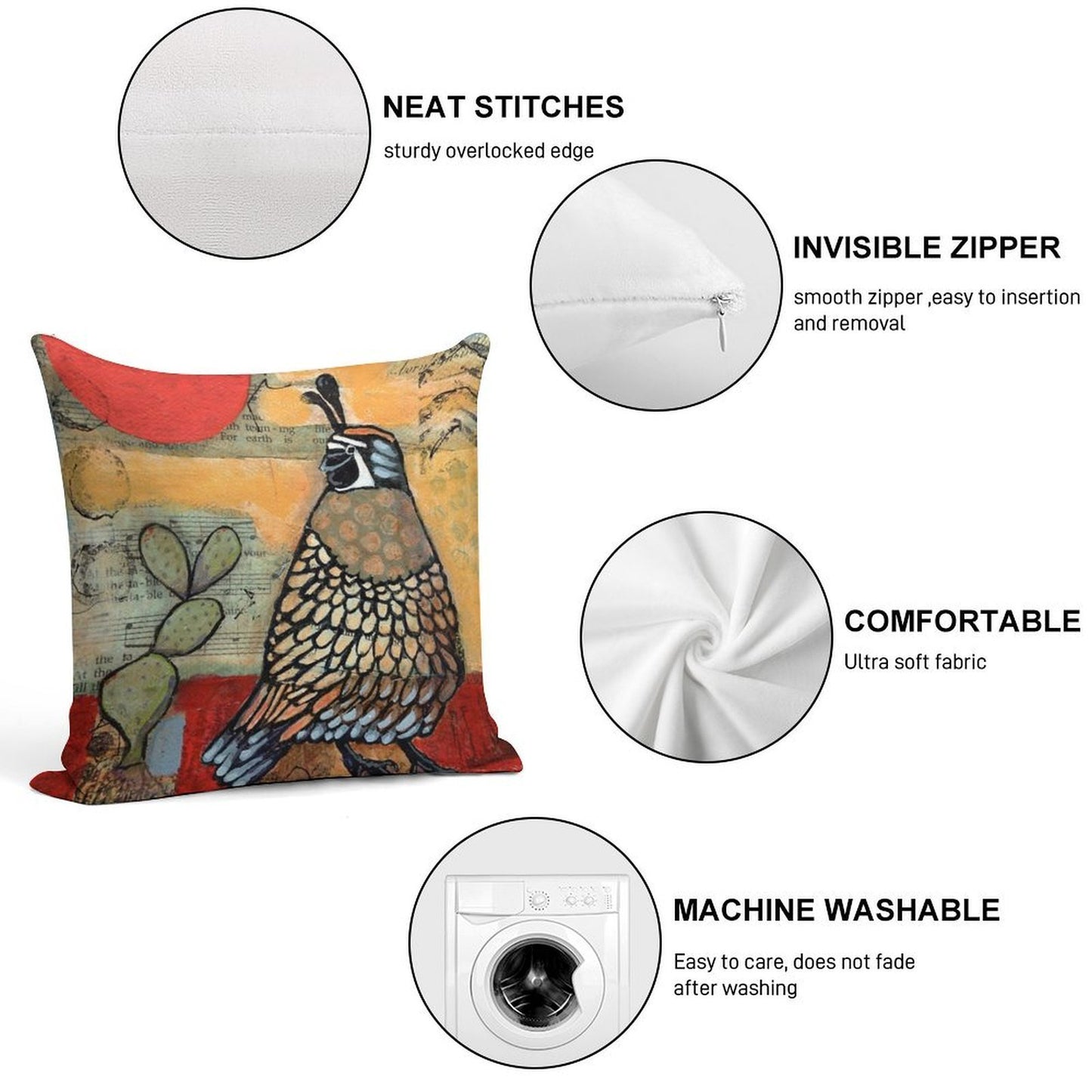 Desert Quail Red Sun Cactus Soft Warmth Comfort Throw Pillow