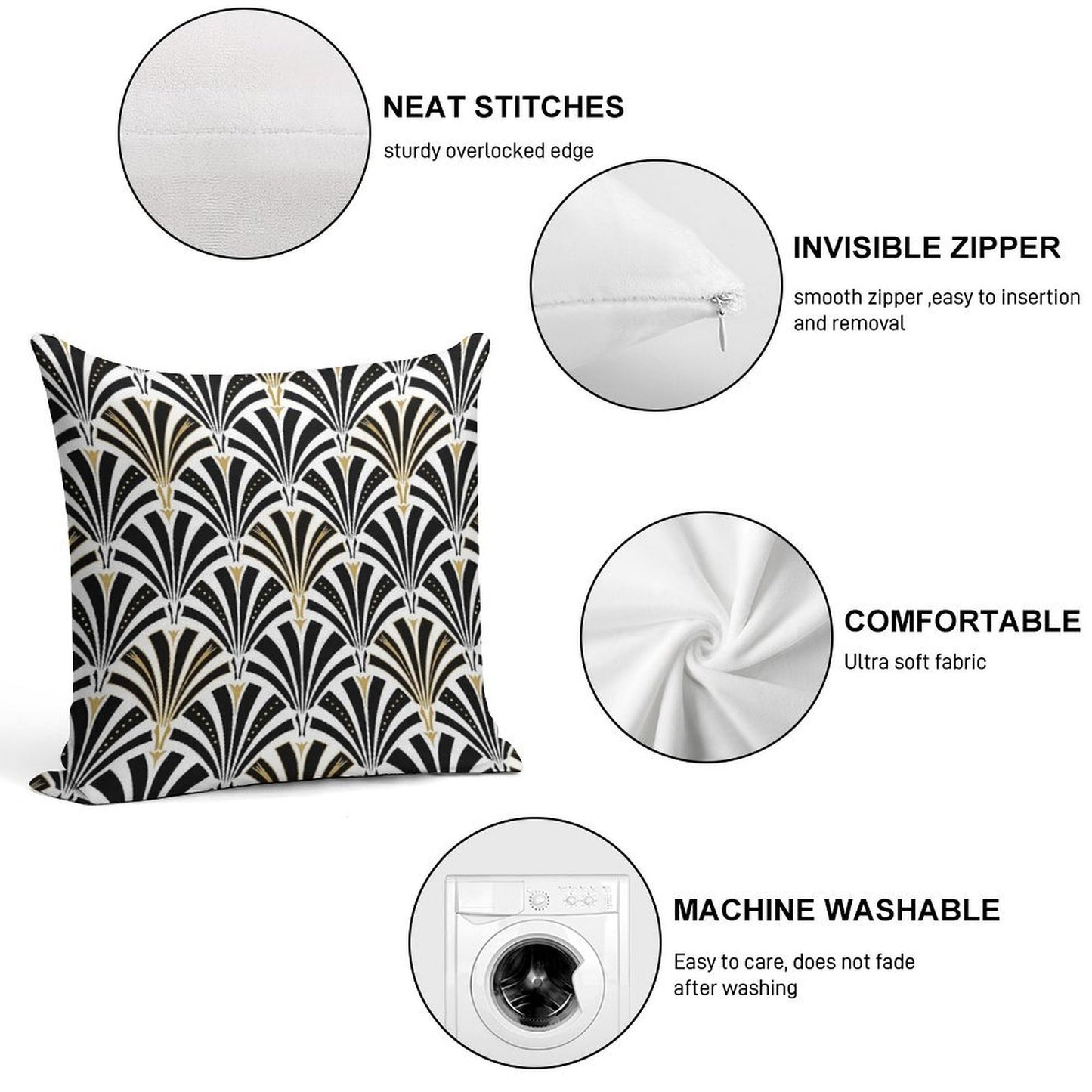 Art Deco Fan Pattern, Black And White Soft Short Plush Fabric Throw Pillow