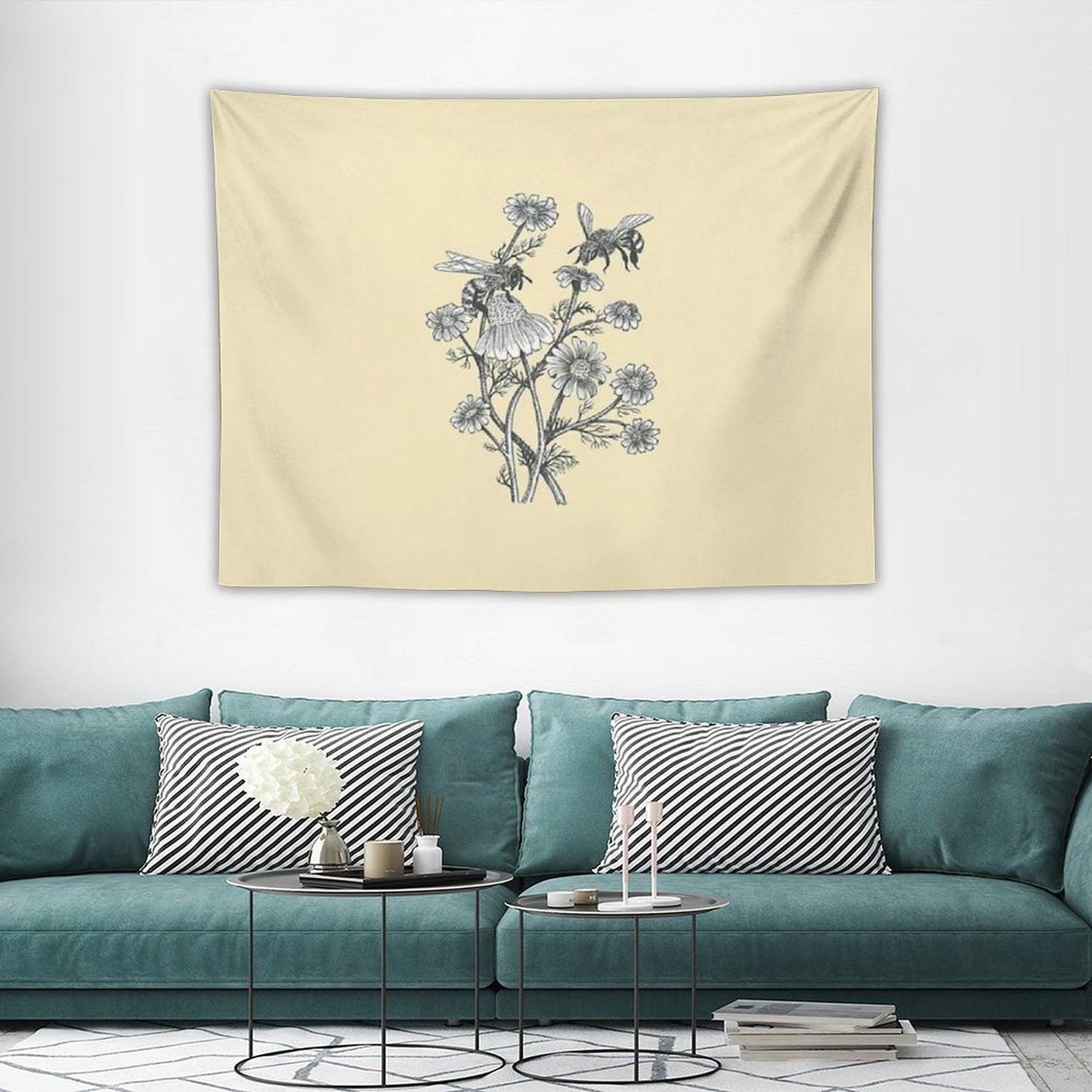 Bees And Chamomile on Honey Background Tapestry