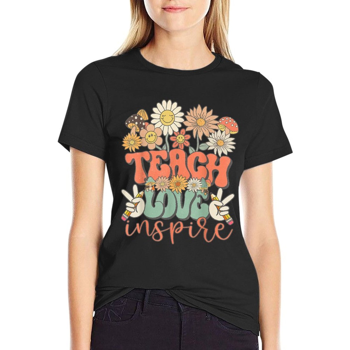 Teach Love Inspire Retro Groovy Daisy Back To School Teacher T-Shirt