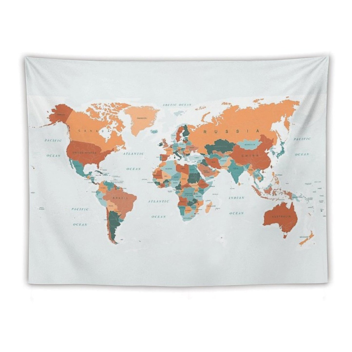 Map of The World in Burnt Orange And Teal Tapestry