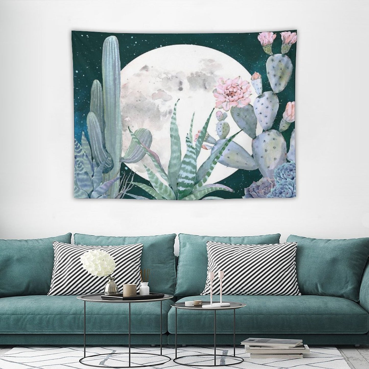 Cactus Nights Pretty Pink And Blue Desert Stars Cacti Illustration Tapestry
