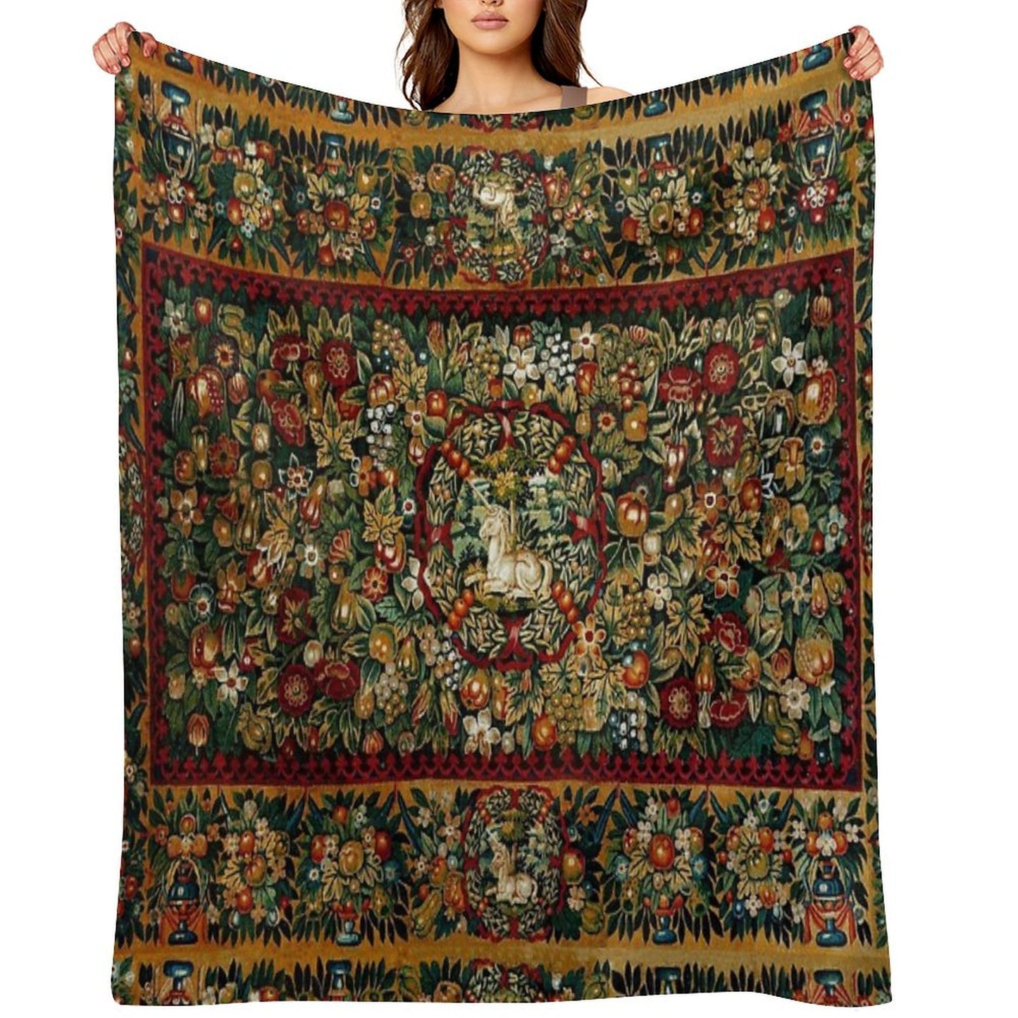 Medieval Unicorn Floral Tapestry Throw Blanket