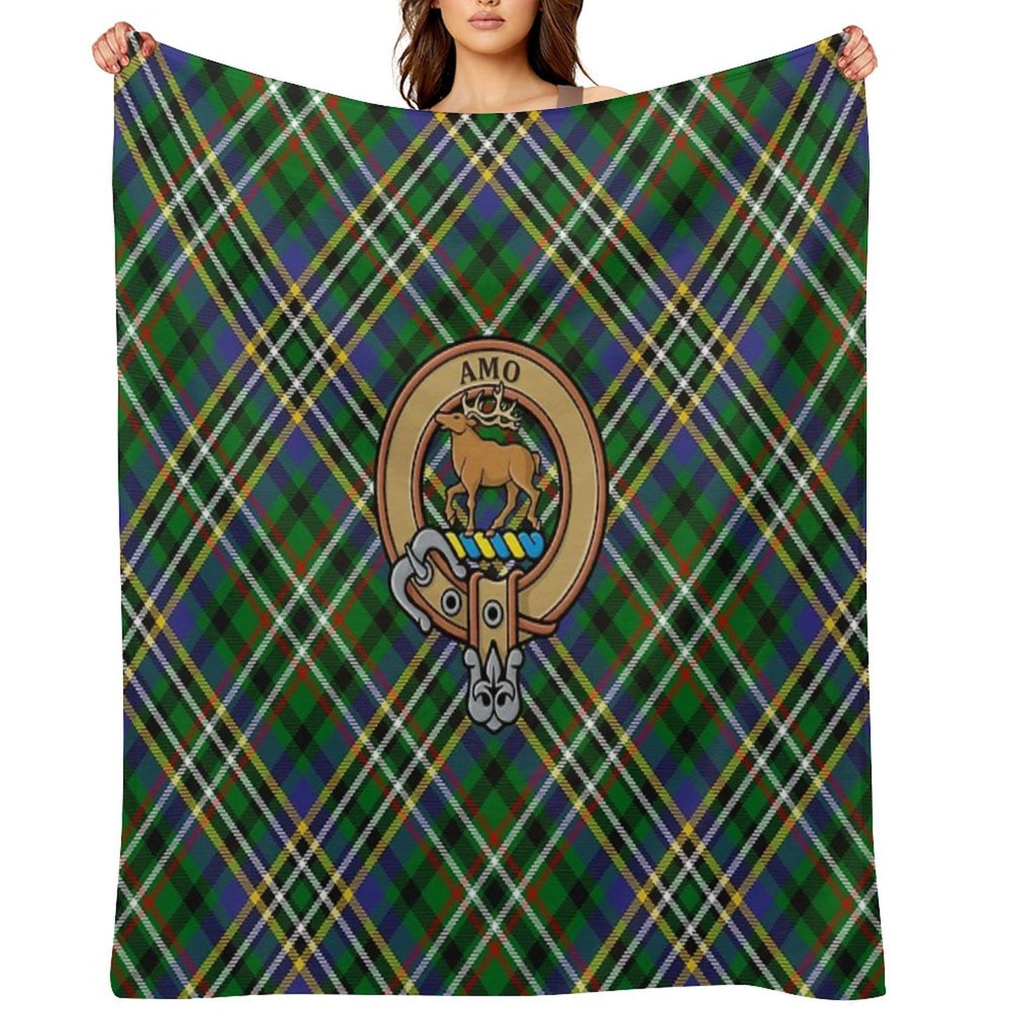 Clan Scott Crest over Green Tartan Throw Blanket