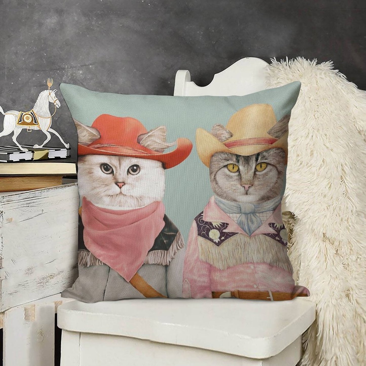Cowboy Cats Linen Throw Pillow Cover