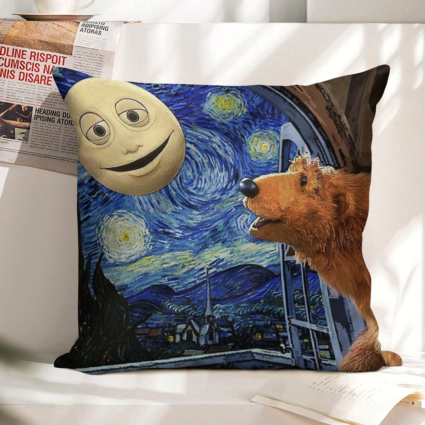 Bear in The Big Blue House with Starry Night Linen Throw Pillow Cover