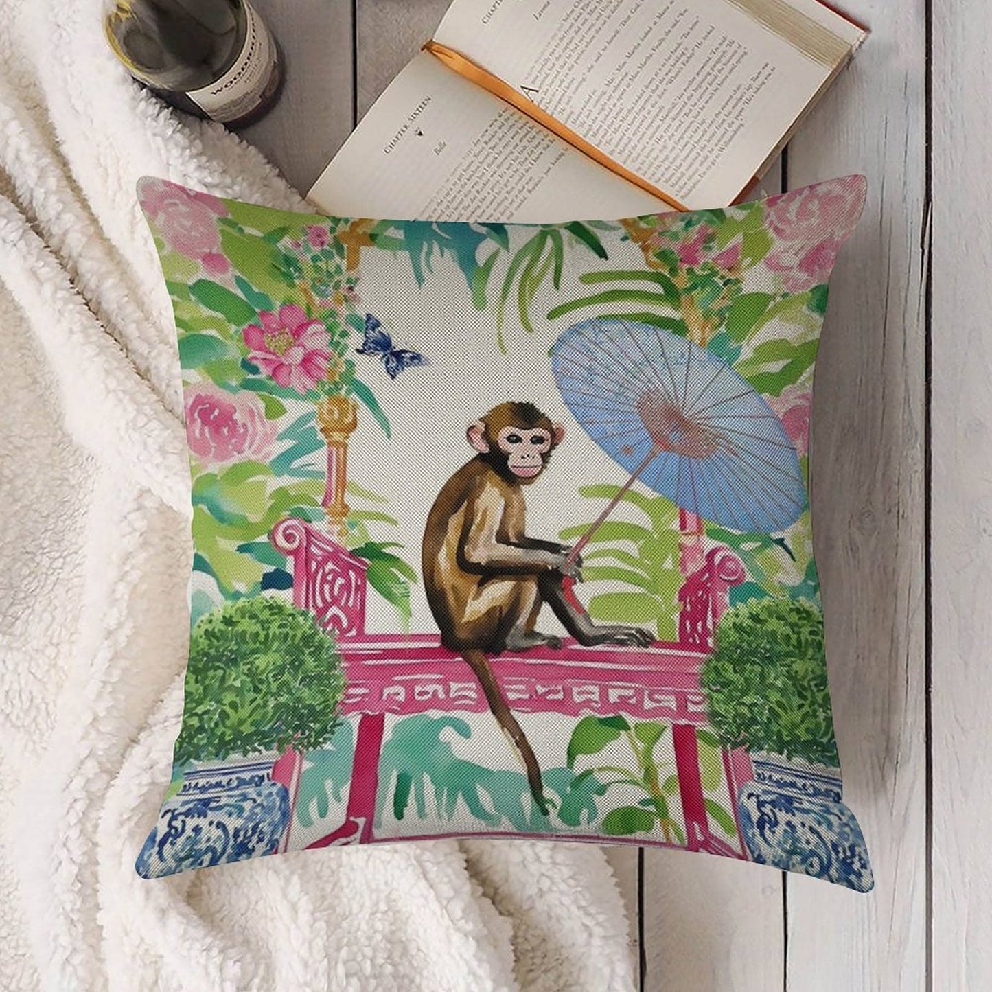 Monkey in Chinoiserie Garden Linen Throw Pillow Cover