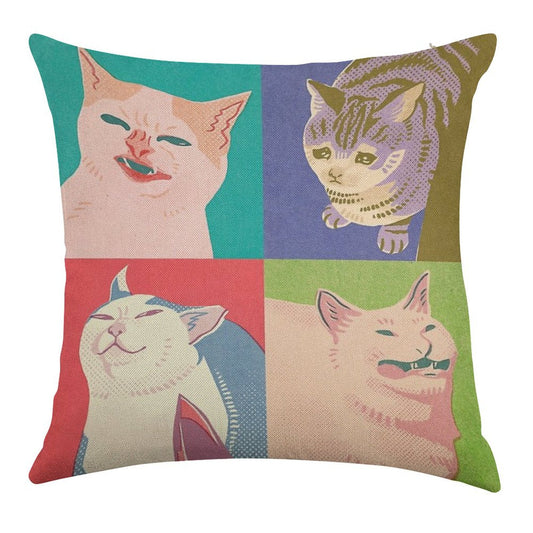 Four Meme Cats of The Apocalypse Linen Throw Pillow Cover