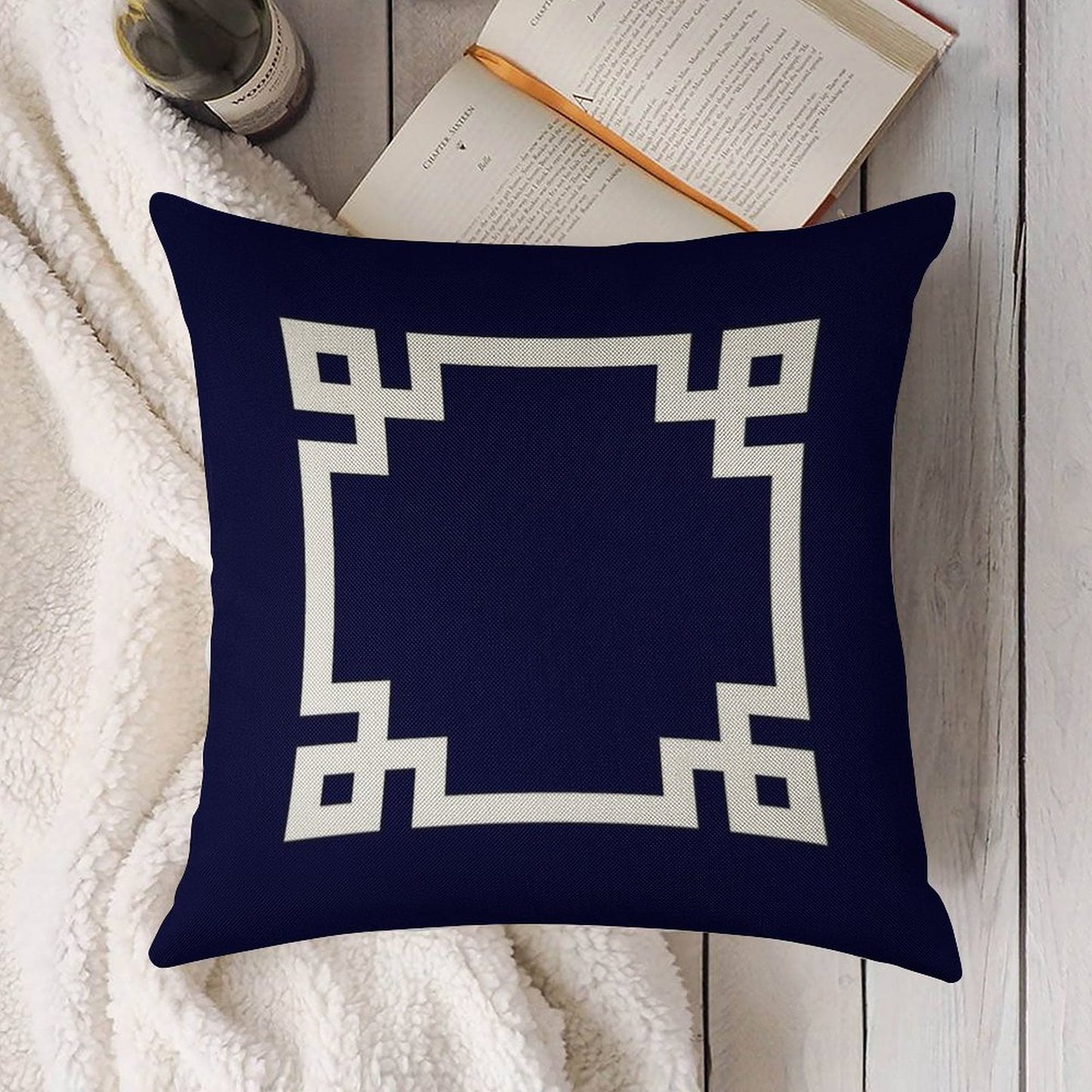 Greek Key Square White On Navy Blue Linen Throw Pillow Cover
