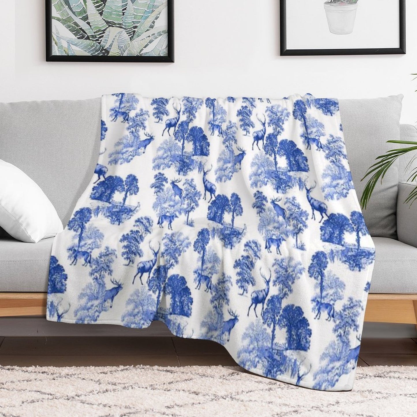 Elegant Vintage Blue Toile Deer in Woodland Throw Blanket