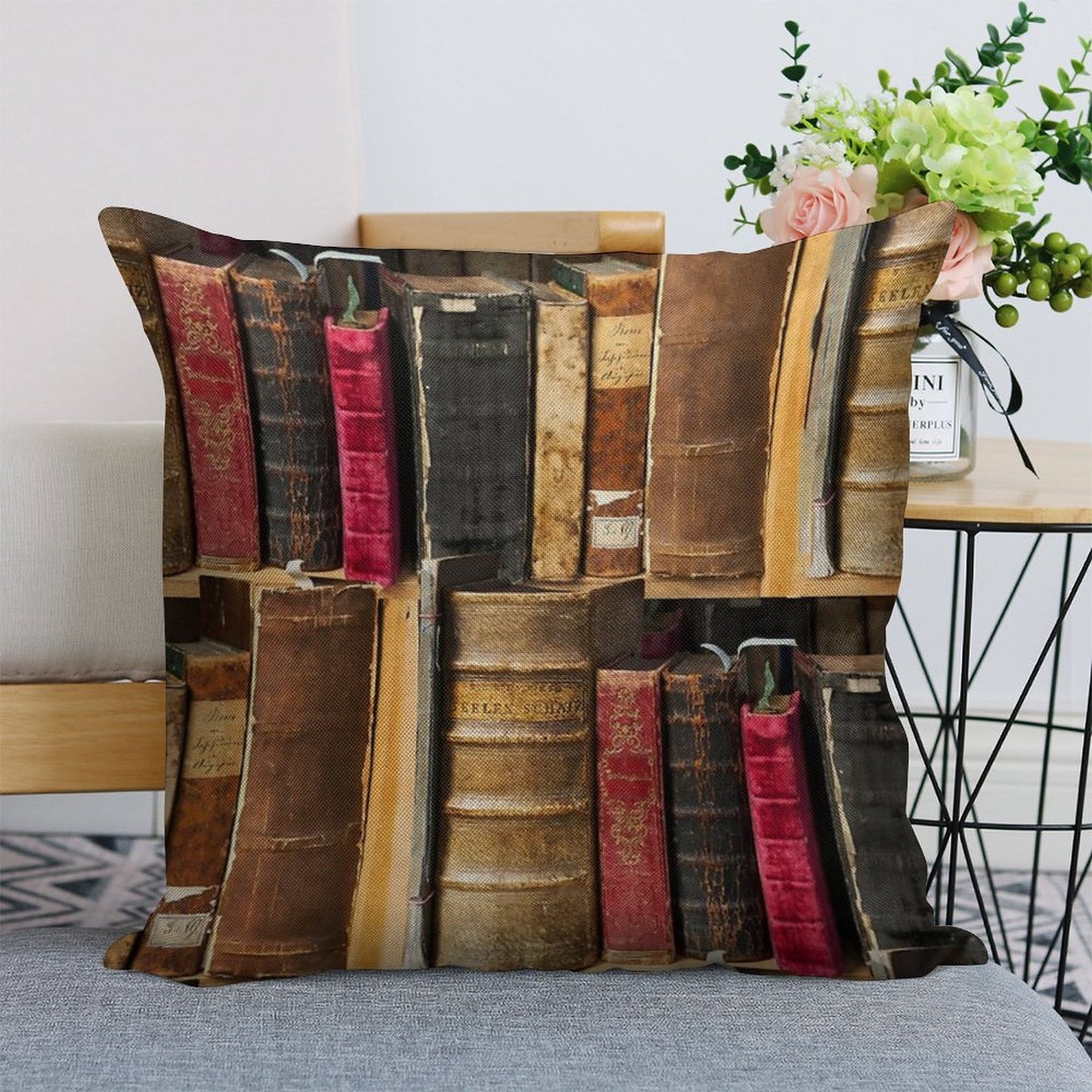 Bookworm Vintage Books in Bookshelf Linen Throw Pillow Cover