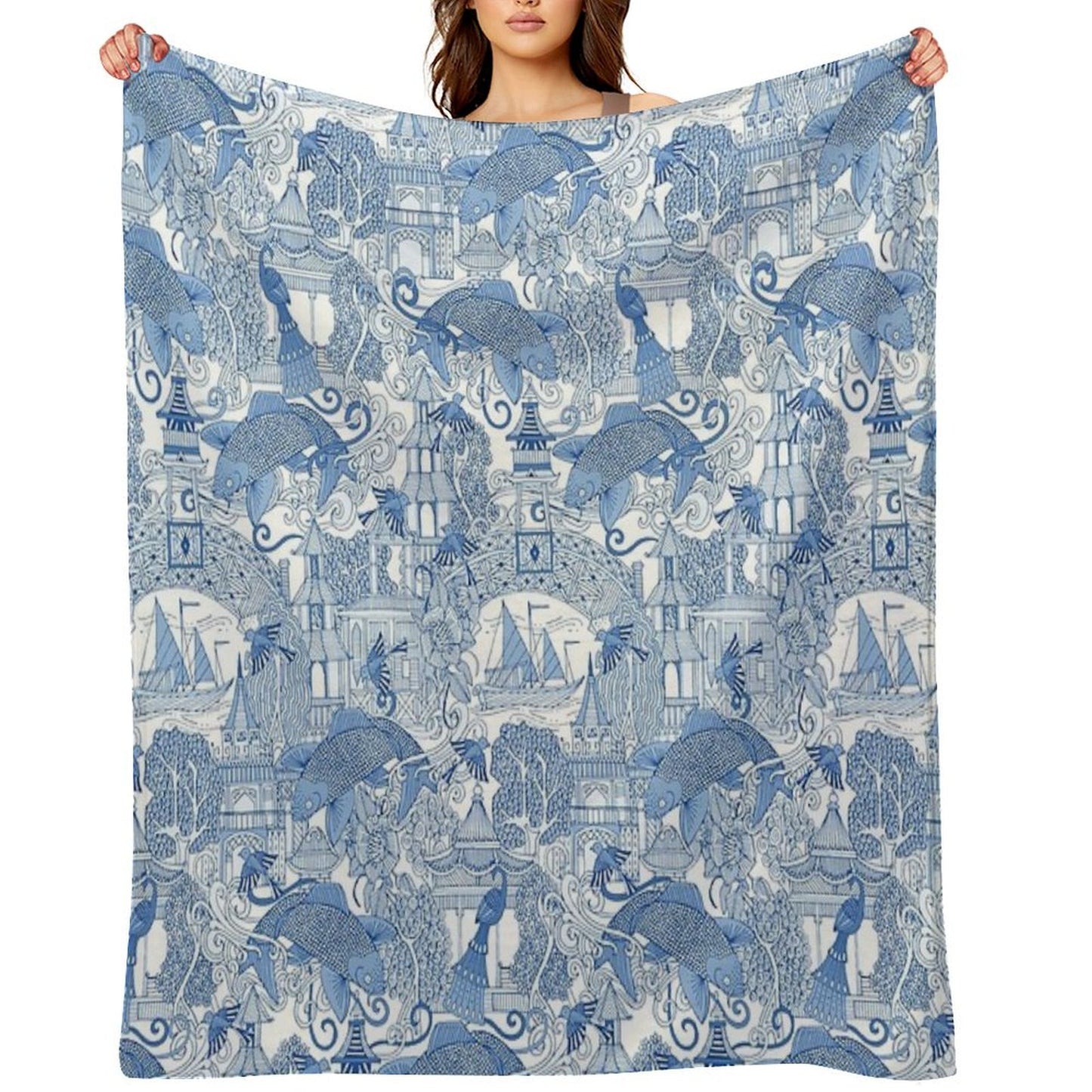 Chinoiserie Toile Blue Throw Blanket