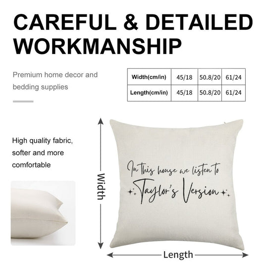 In This House We Listen to Taylor's Version Linen Throw Pillow Cover