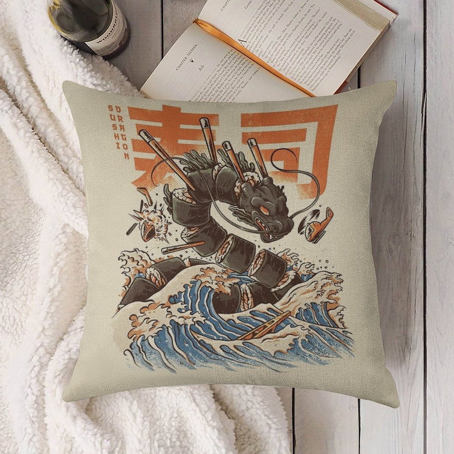 Great Sushi Dragon Linen Throw Pillow Cover