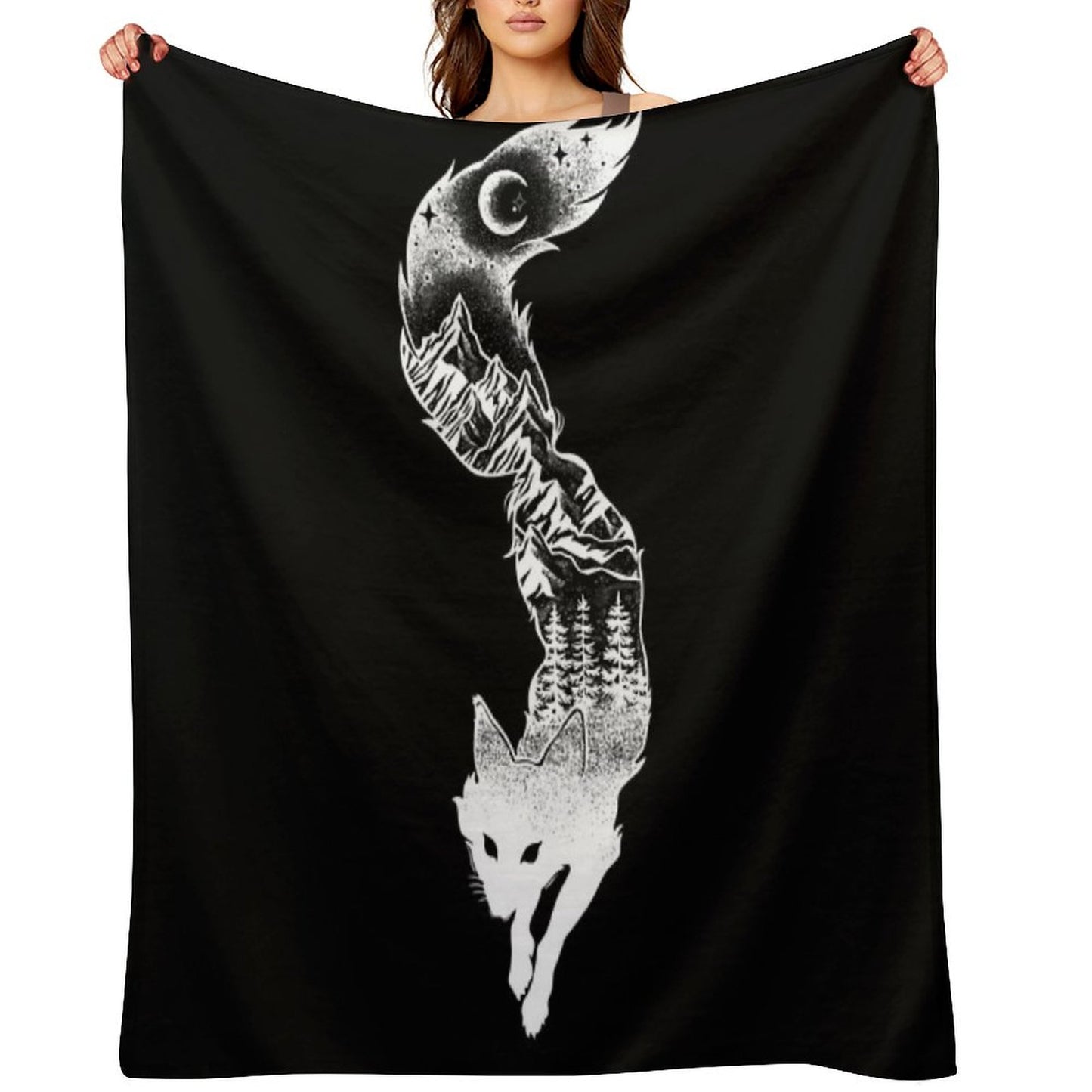 Fox Silhouette with Mountains, Trees & Moon T-Shirt Throw Blanket