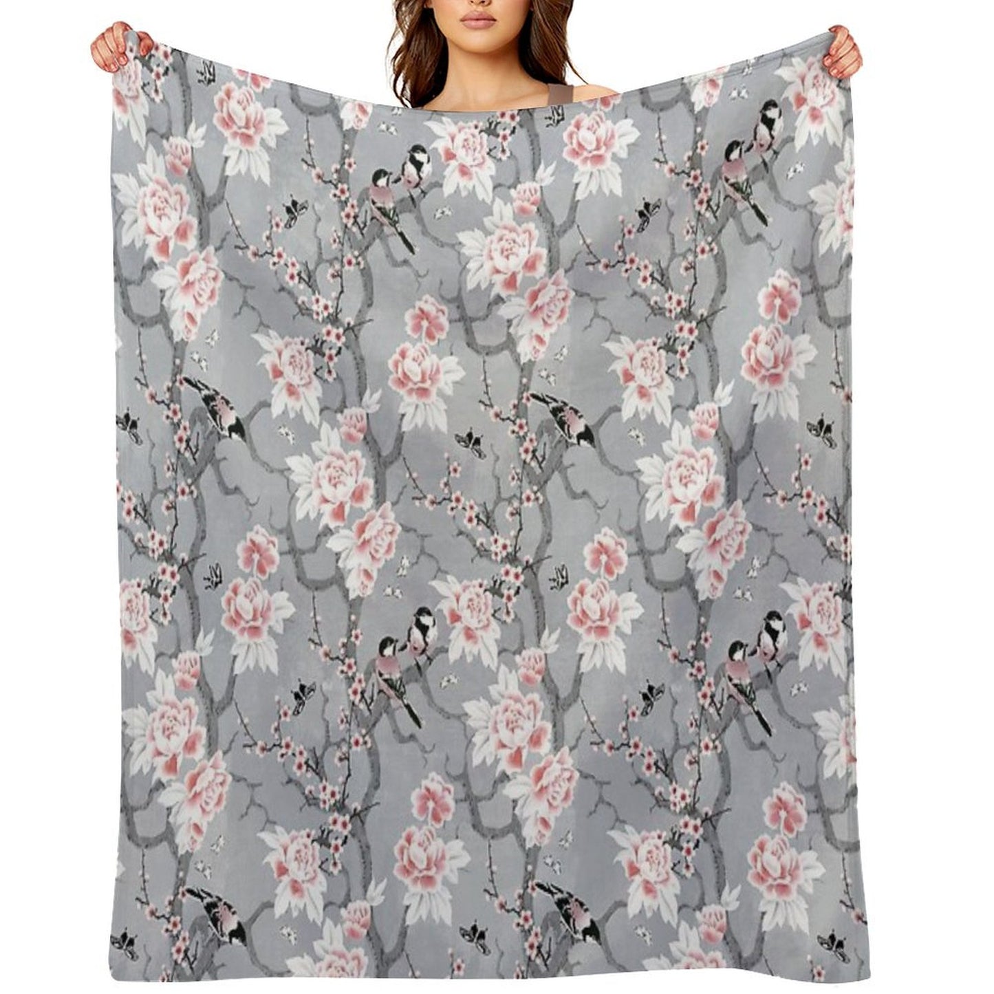 Chinoiserie Birds in Grey Throw Blanket