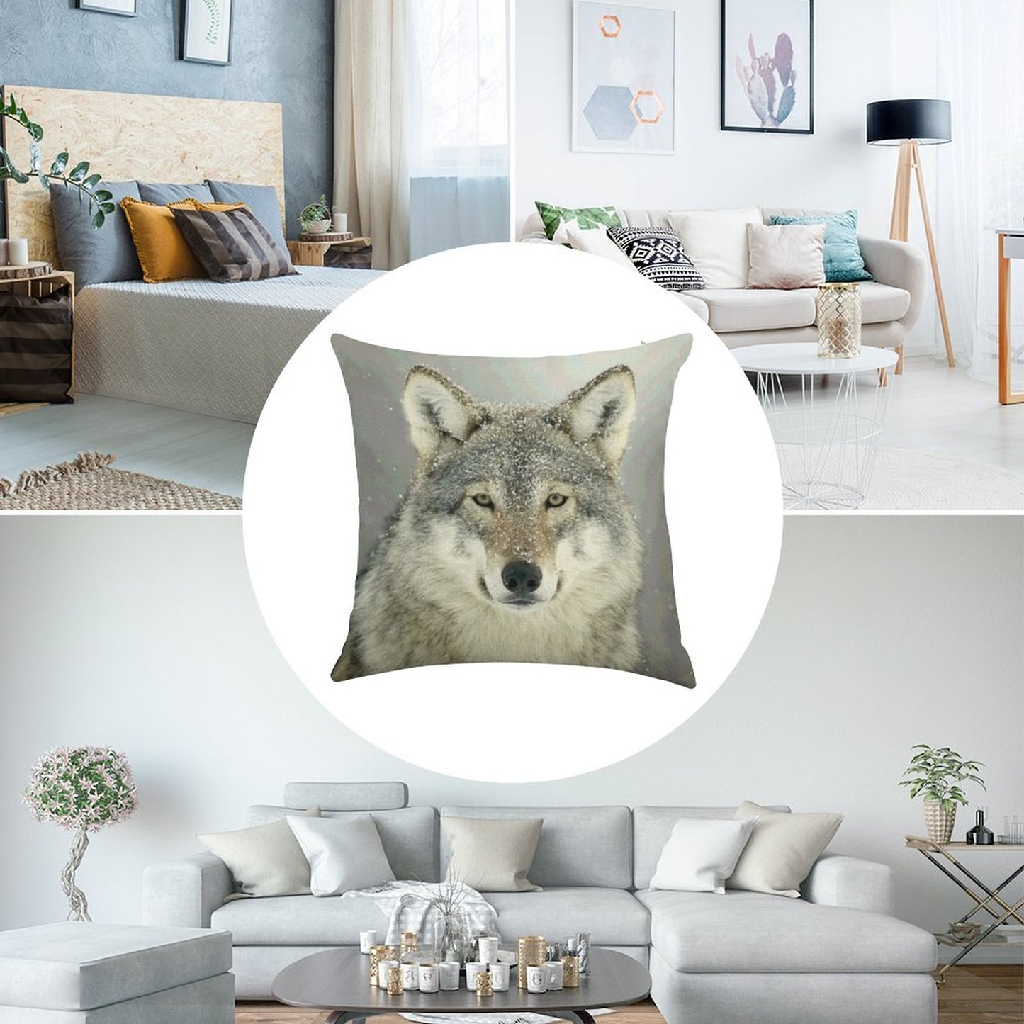 GREY WOLF Linen Throw Pillow Cover