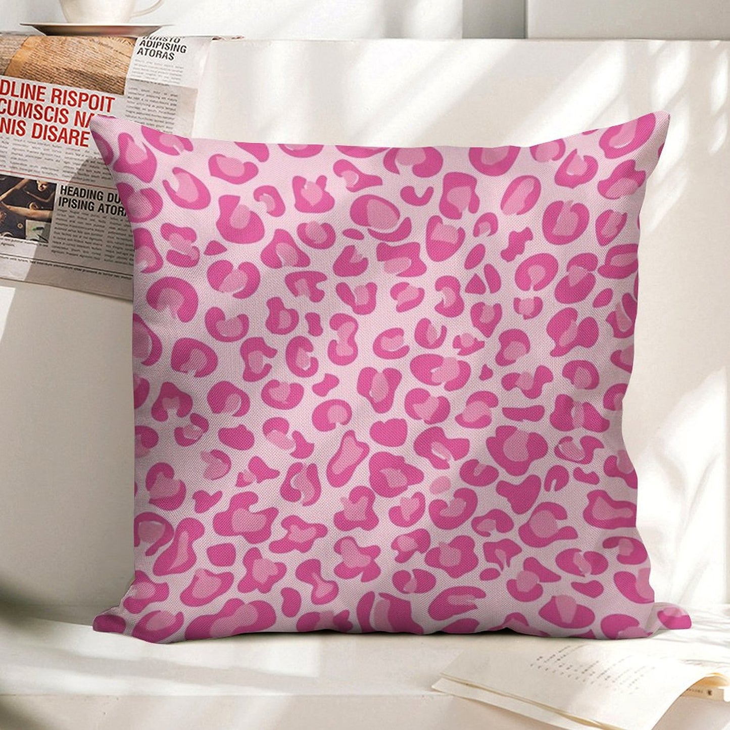 Pink Leopard Print Linen Throw Pillow Cover