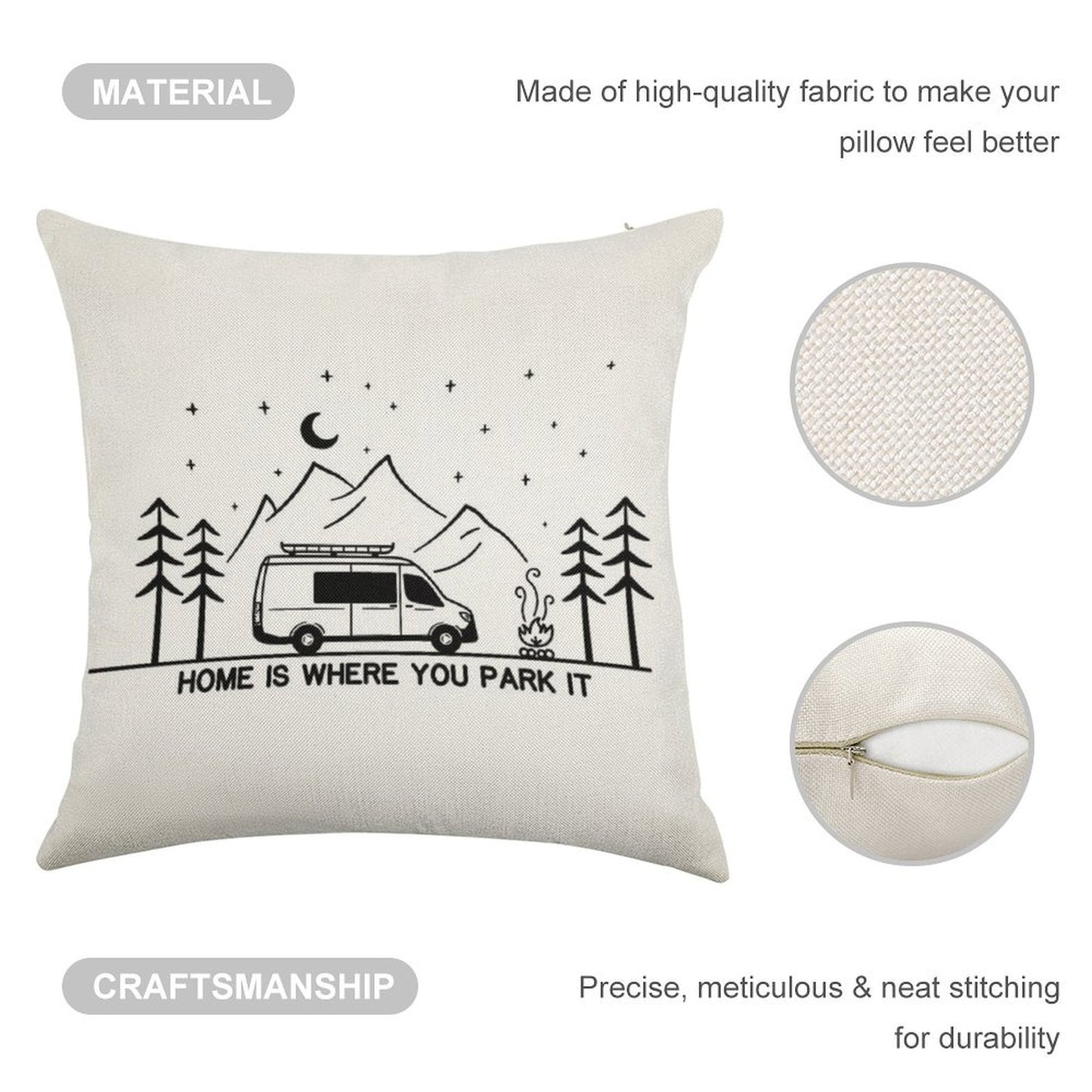 Home Is Where You Park It Vanlife Campervan Camping Outdoors RV Linen Throw Pillow Cover