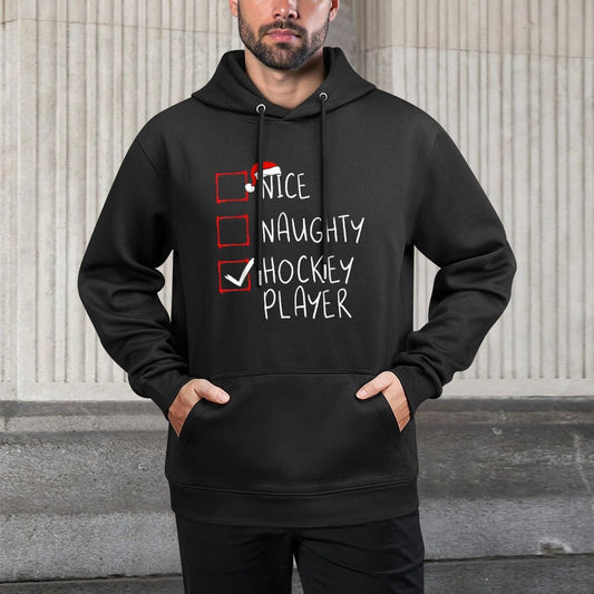 Nice Naughty Hockey Player List Christmas Santa Claus Layering Staple Hoodie