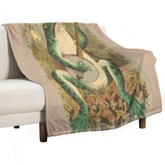 Vintage Whimsical Frog Playing The Banjo In The Moonlight, Ribbit. Fun Frog Apparel And Decor Throw Blanket