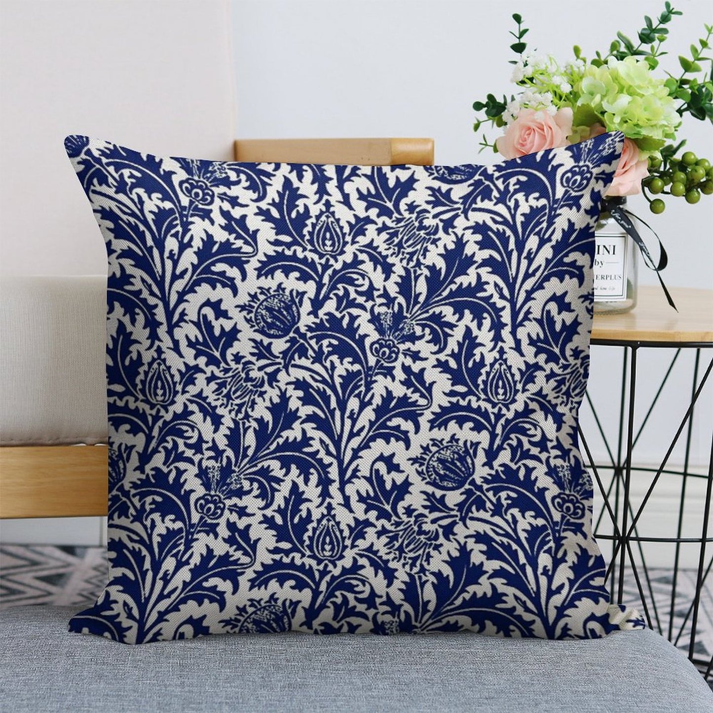 William Morris Thistle Damask, Navy Blue And White Linen Throw Pillow Cover