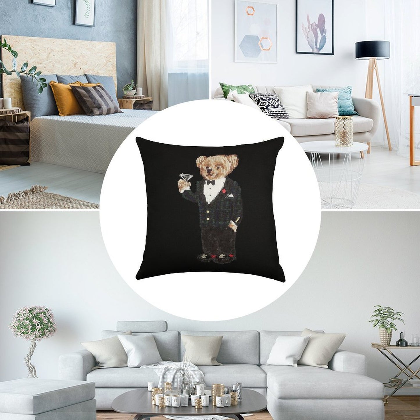 Gentleman Bear Linen Throw Pillow Cover
