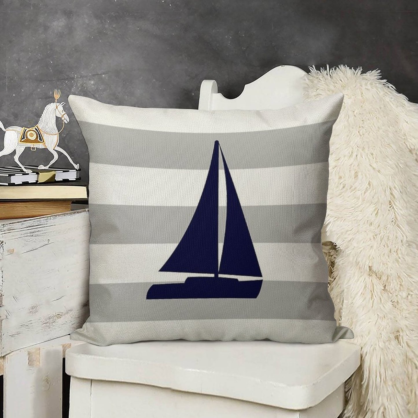 Nautical Navy Blue Sailboat On Silver Gray Stripes Linen Throw Pillow Cover