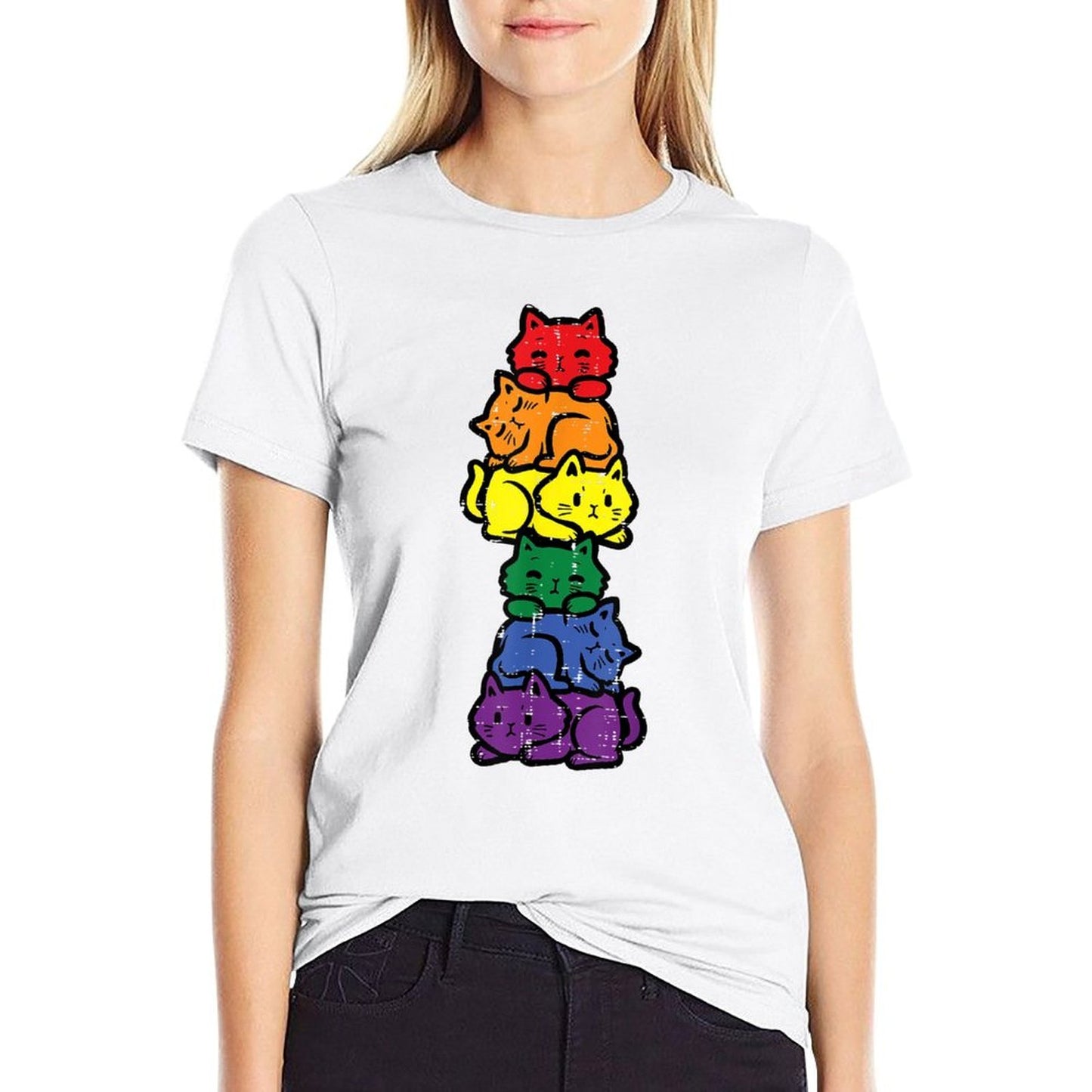 Gay Pride Cat Stack Rainbow Lgbt Anime Men Women Kids Stretchy T-Shirt