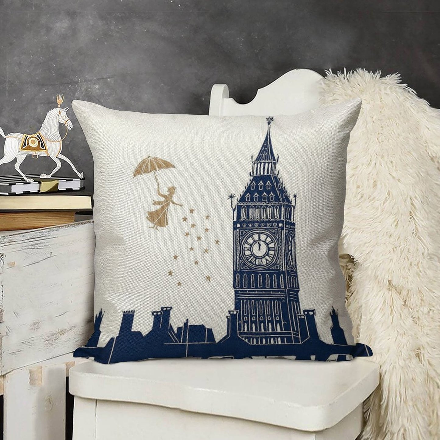 Mary Poppins And Big Ben Linocut Linen Throw Pillow Cover