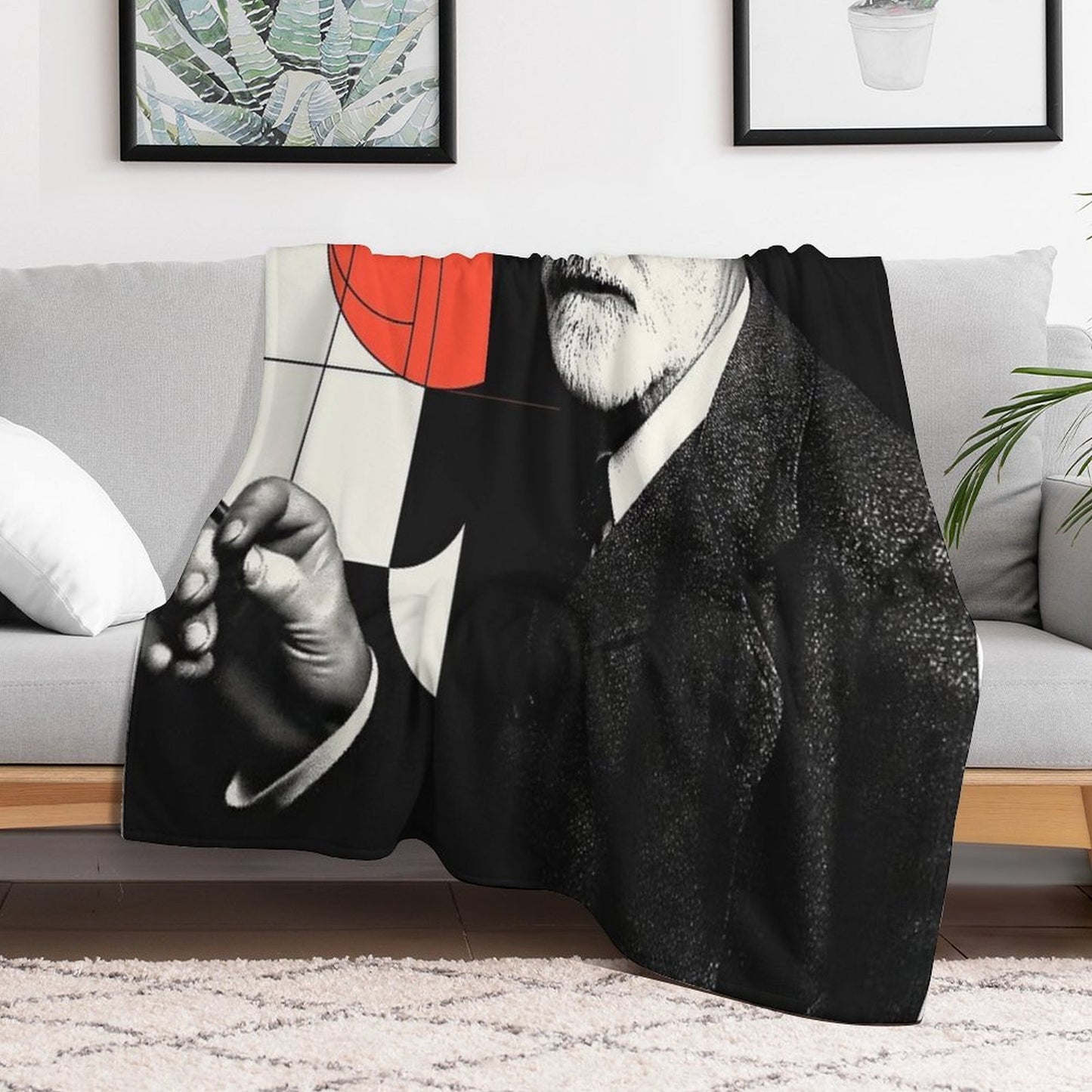 Psychoanalysis Portrait Art – Freud with Abstract Red Geometry Throw Blanket