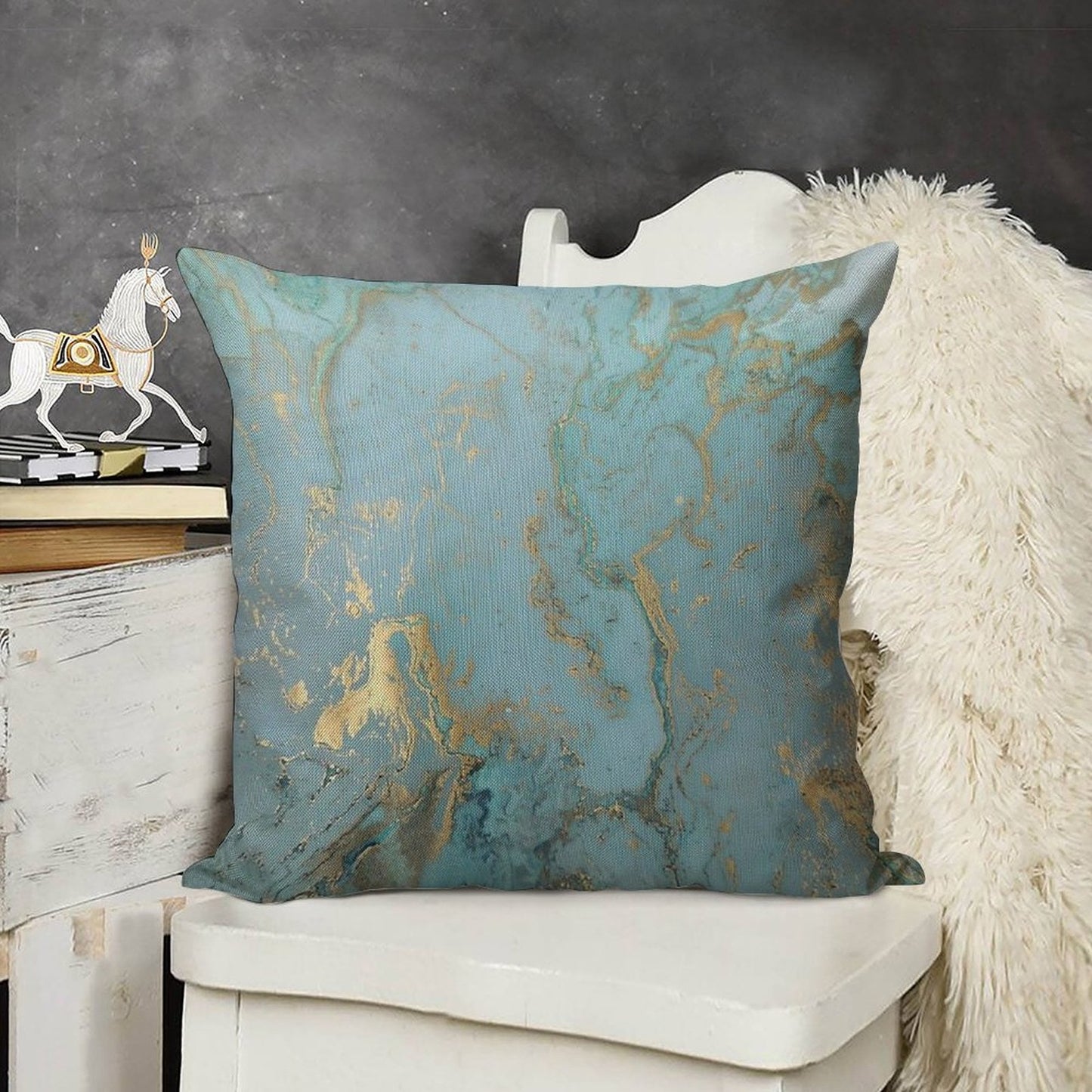 Marble Design - Gold Effect - Turquoise Blue, Teal Marbling Linen Throw Pillow Cover