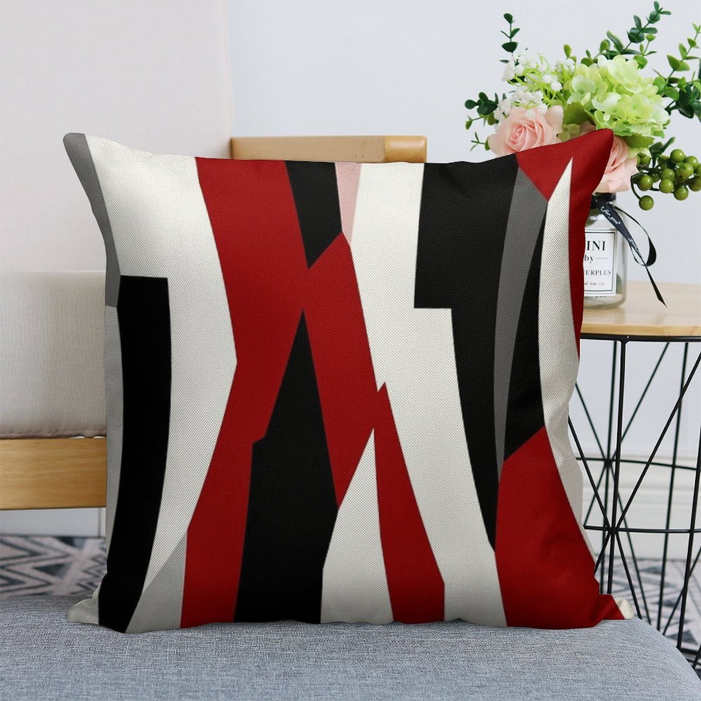 Red Black And White Abstract Linen Throw Pillow Cover