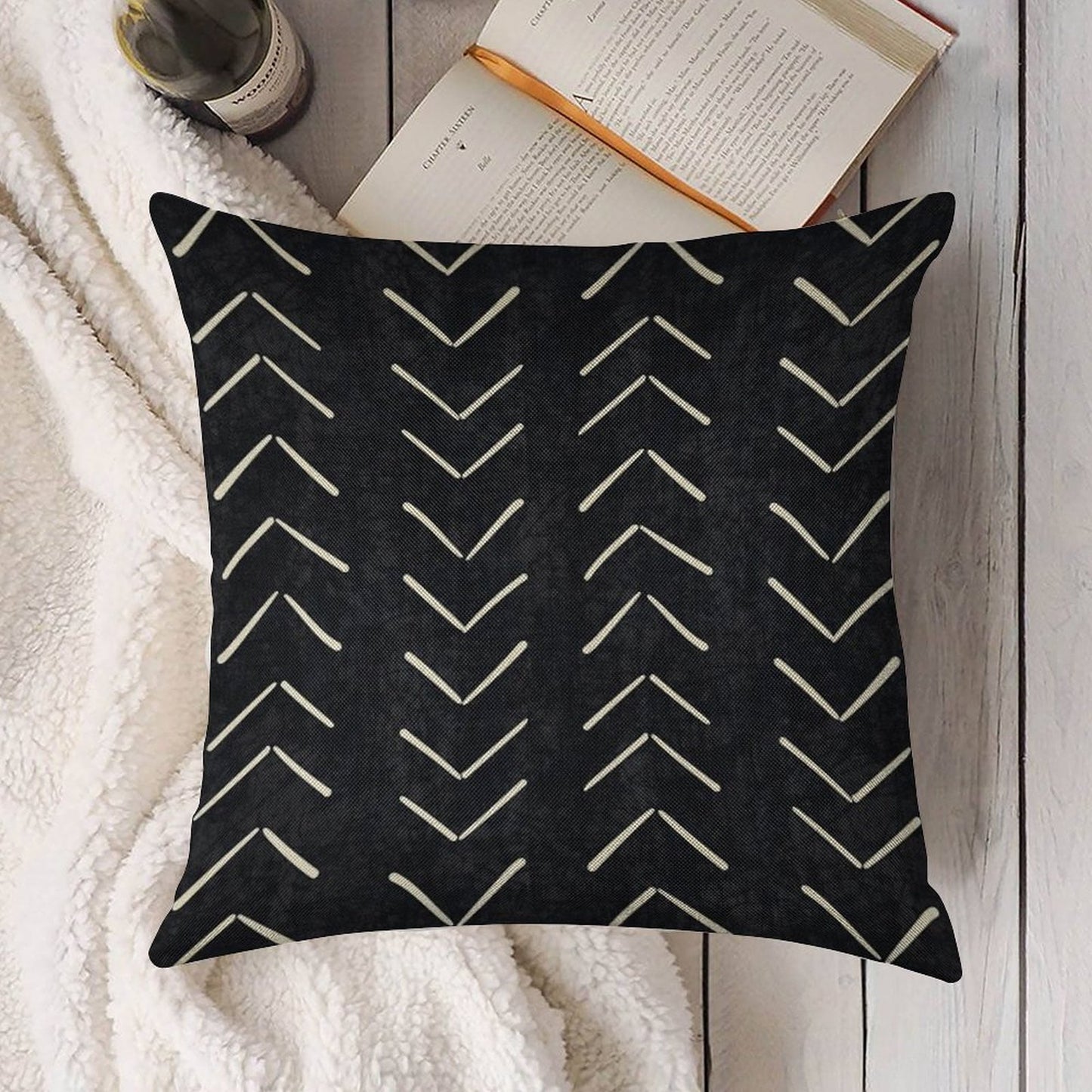 Boho Big Arrows in Black And White Linen Throw Pillow Cover