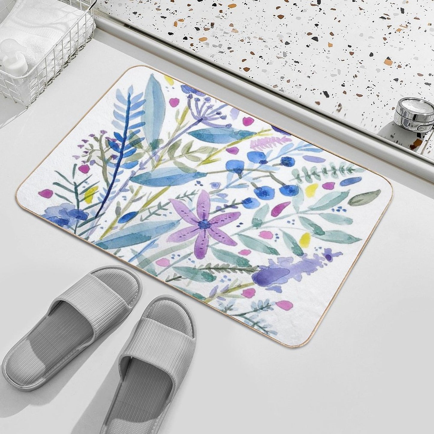 Flowers in Blue And Purple Easy To Clean Bath Mat