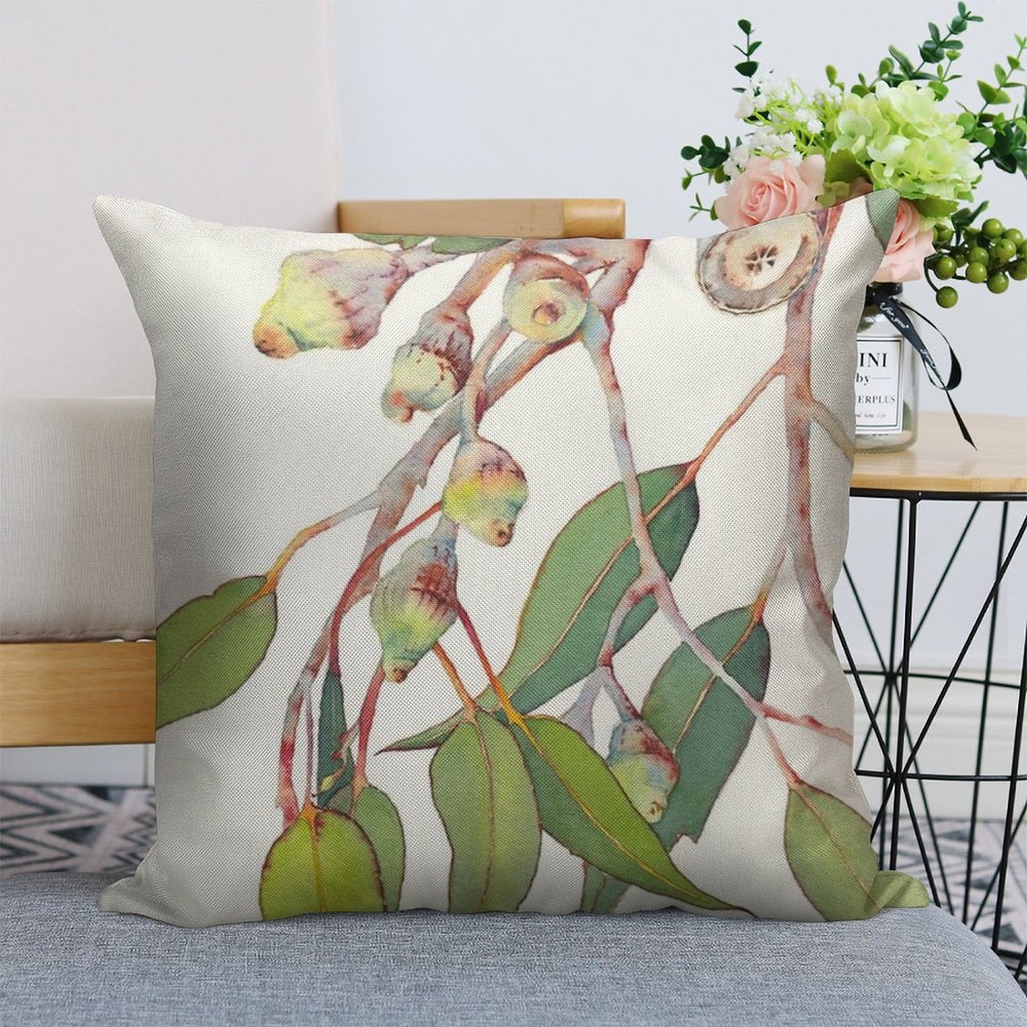 Australian Native Eucalyptus Tree Branch Watercolour Linen Throw Pillow Cover