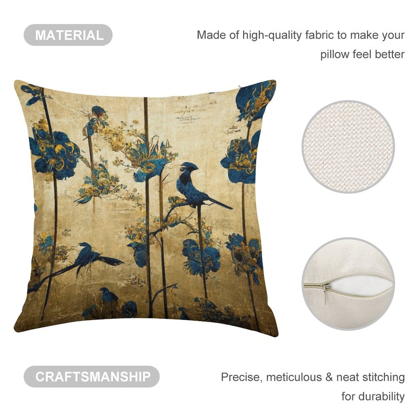 Blue And Gold Chinoiserie Painting with Birds And Flowers Linen Throw Pillow Cover
