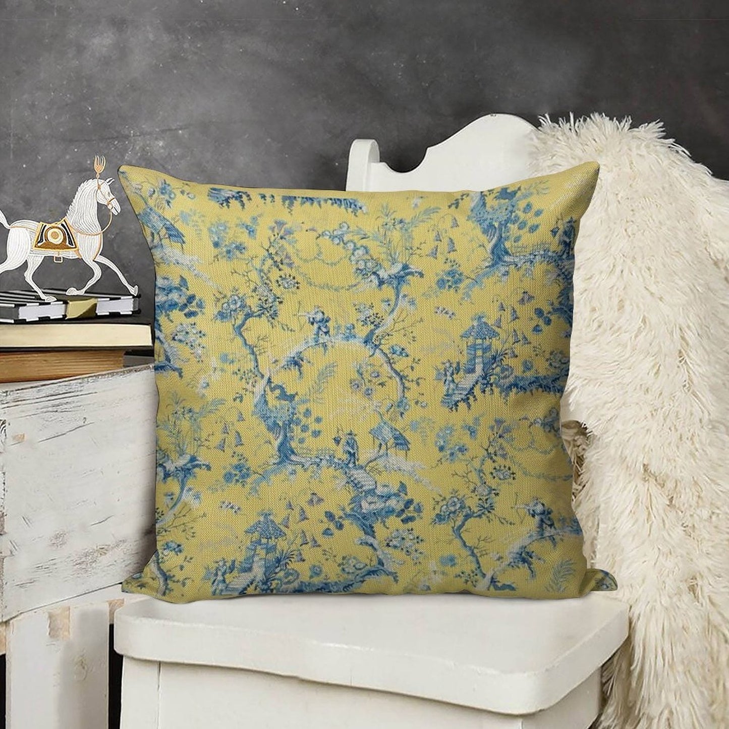 Blue And Yellow Toile Linen Throw Pillow Cover