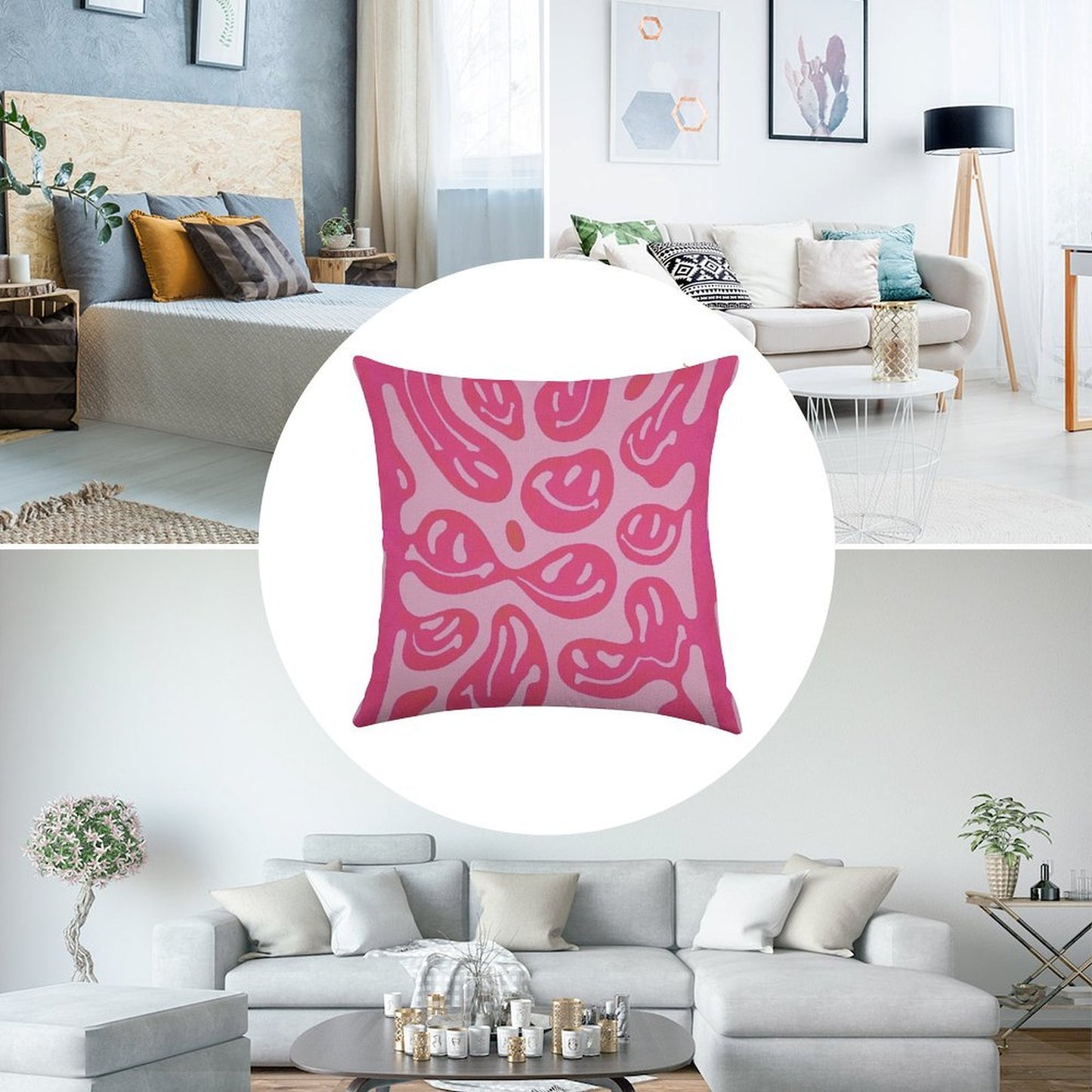 Hot Pink Melted Smiley Face Psychedelic Pattern Linen Throw Pillow Cover