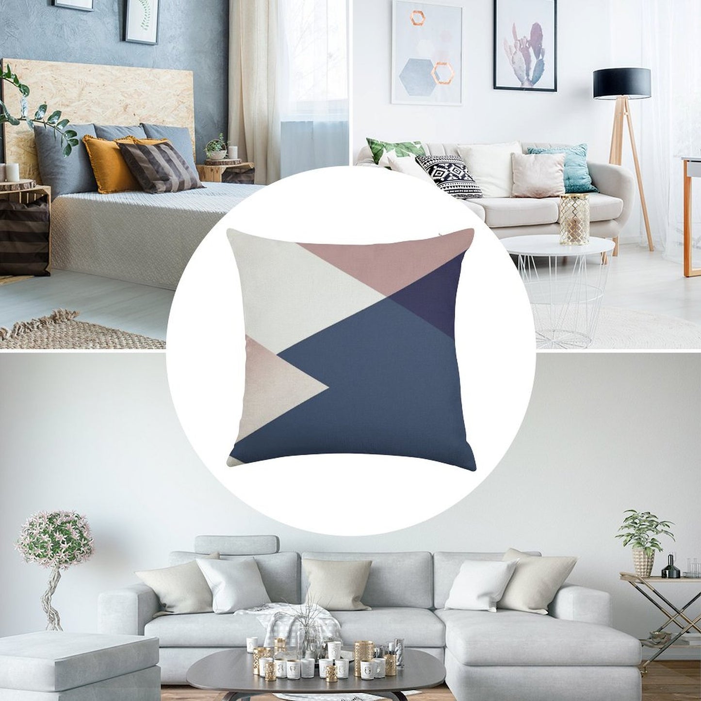 Geometrics - Blush Indigo Rose Gold Linen Throw Pillow Cover