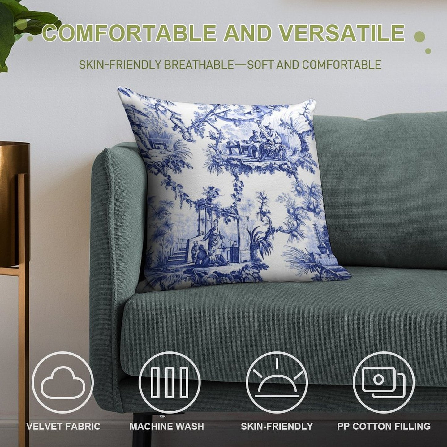 Blue Chinoiserie Toile Soft Hidden Zipper Throw Pillow