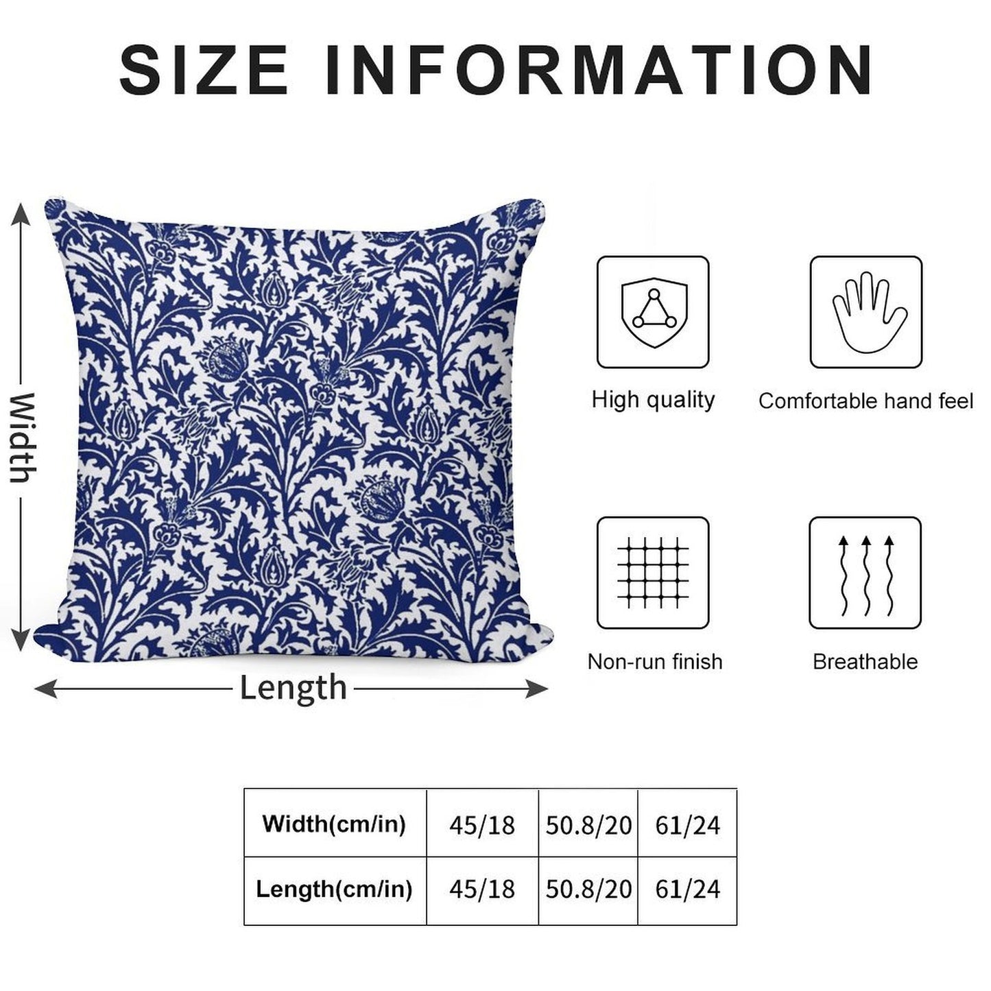 William Morris Thistle Damask, Navy Blue And White Soft Reinforced Edging Throw Pillow