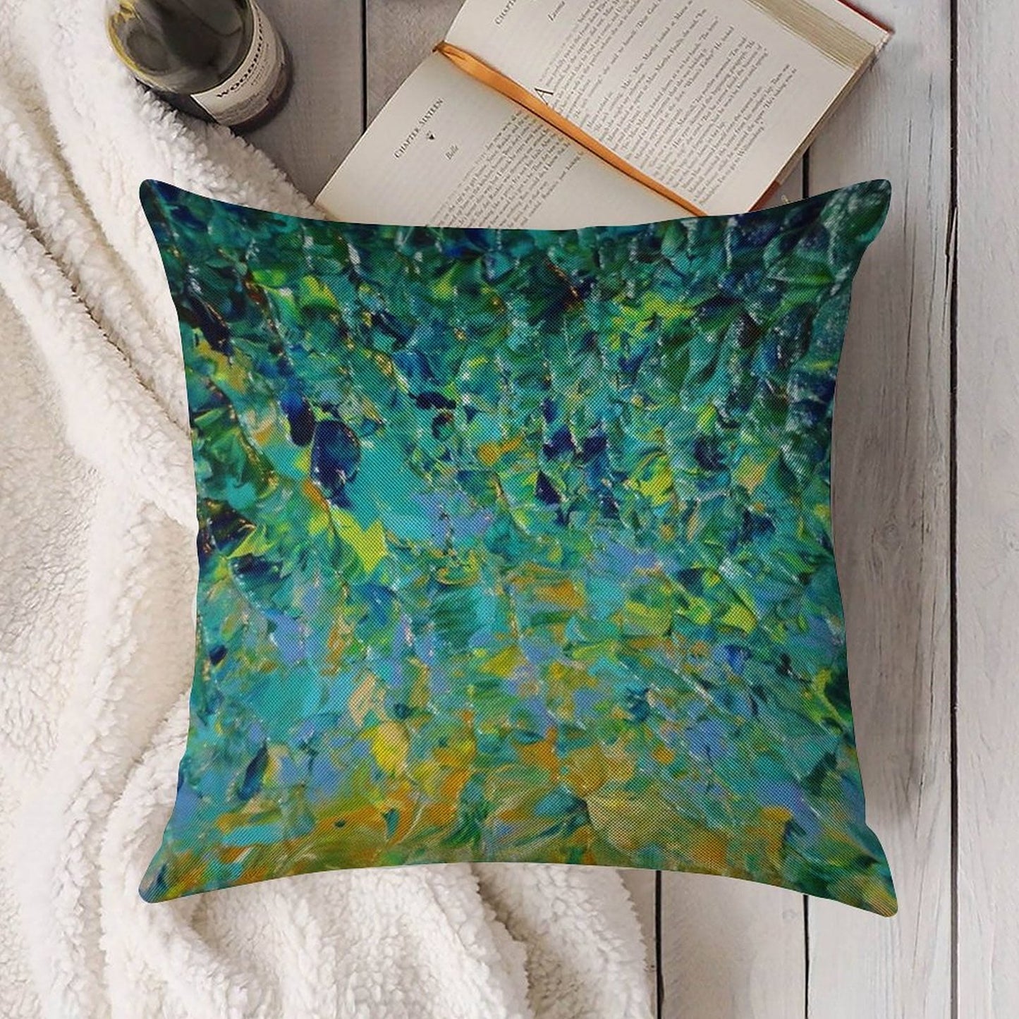 BEAUTY BENEATH THE SURFACE - Stunning Lake Ocean River Water Nature Green Blue Teal Yellow Aqua Abstract Linen Throw Pillow Cover