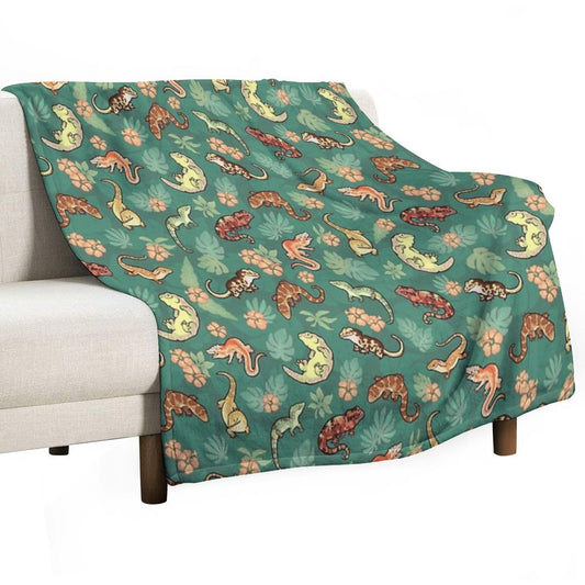 Gecko Family in Green Throw Blanket