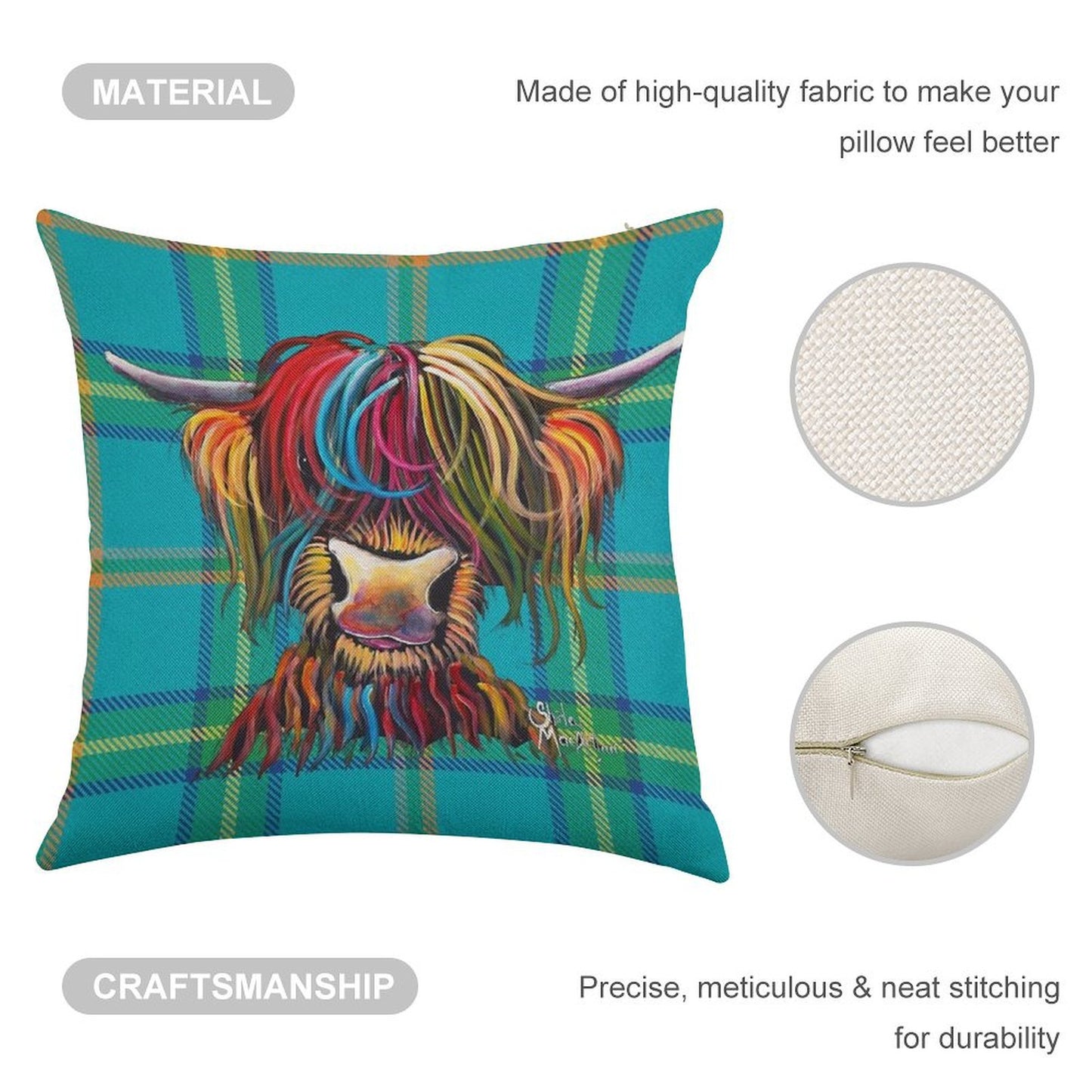 SCoTTiSH HiGHLaND CoW ' TaRTaN NeLLY B ' by SHiRLeY MacARTHuR Linen Throw Pillow Cover