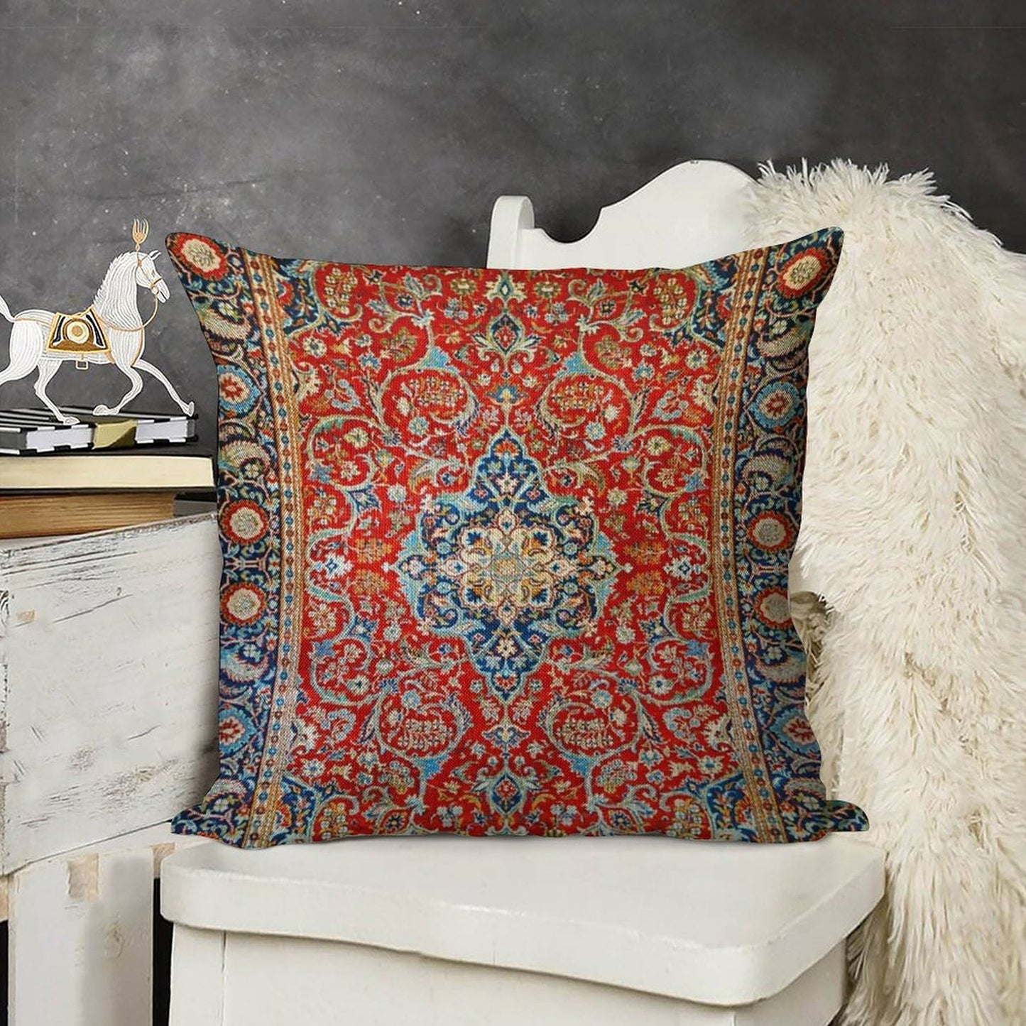 Red Blue Antique Floral Persian Carpet Print Linen Throw Pillow Cover