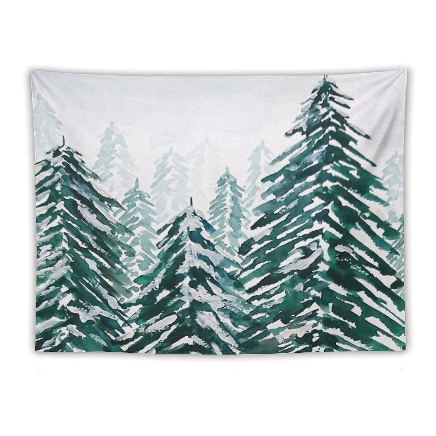 Hand Painted Snowy Pine Forest Green Tapestry