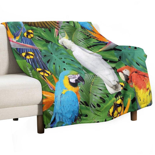 Parrots Bird Jungle Palm Monstera Leaves Throw Blanket